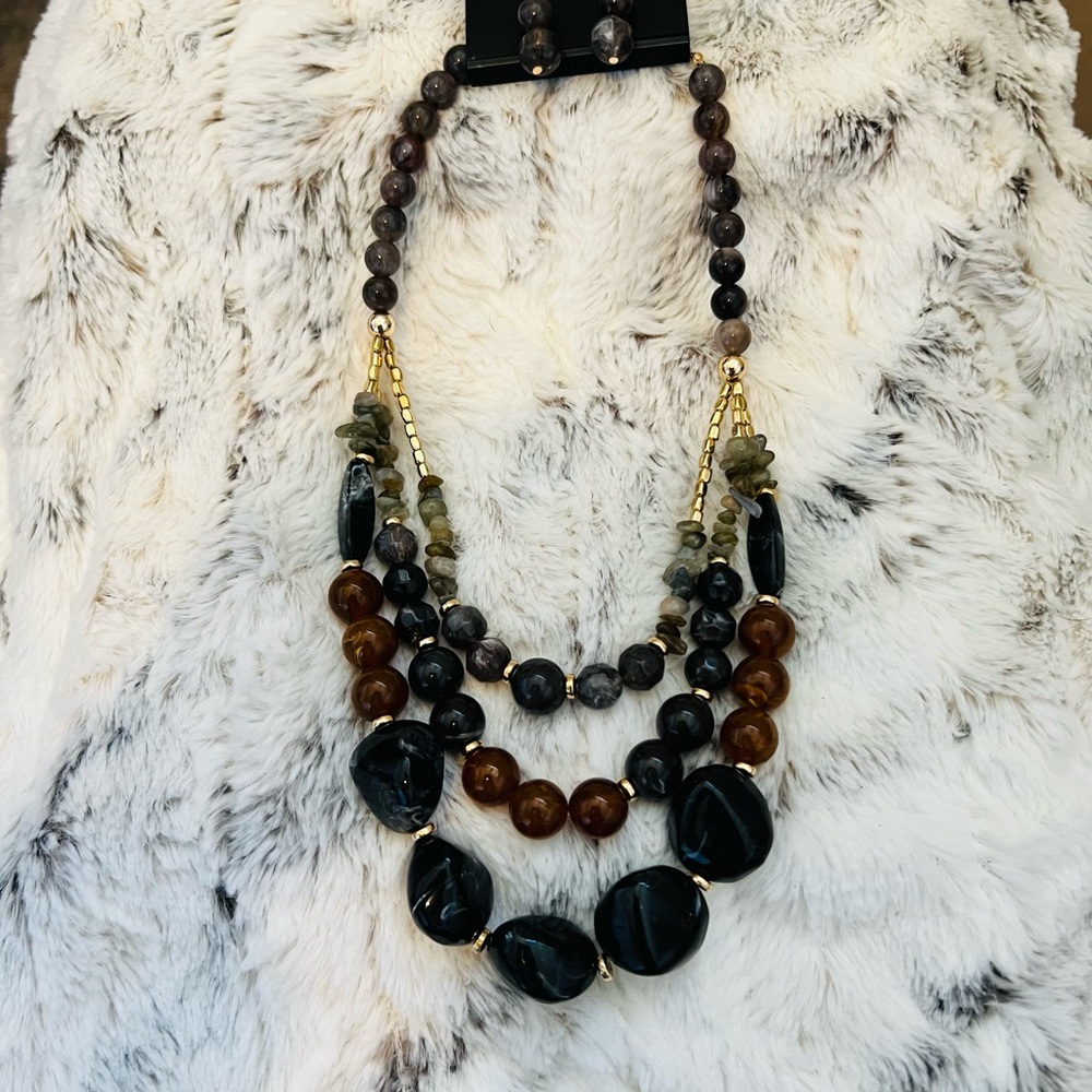 nOir Multi-strand Bead and Faux Stone Necklace with Drop Earrings